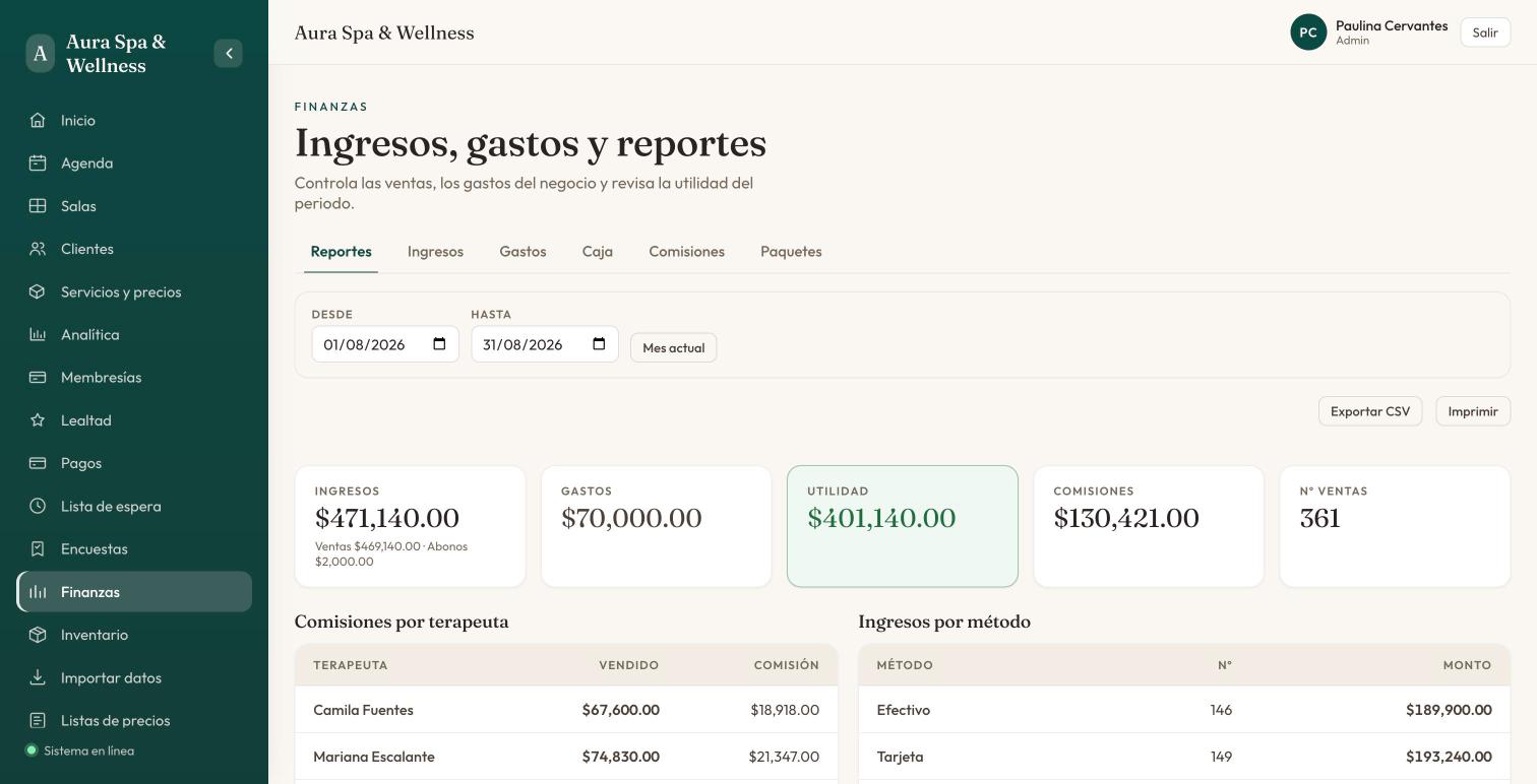 Reporte de finanzas con ingresos, gastos, utilidad, comisiones por terapeuta e ingresos por método de pago.